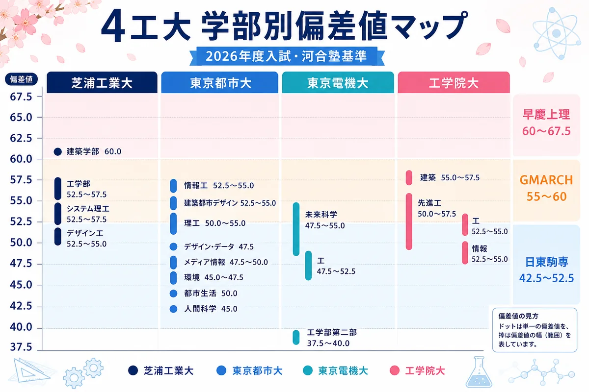 4工大 学部別偏差値マップ（2026年度・河合塾）