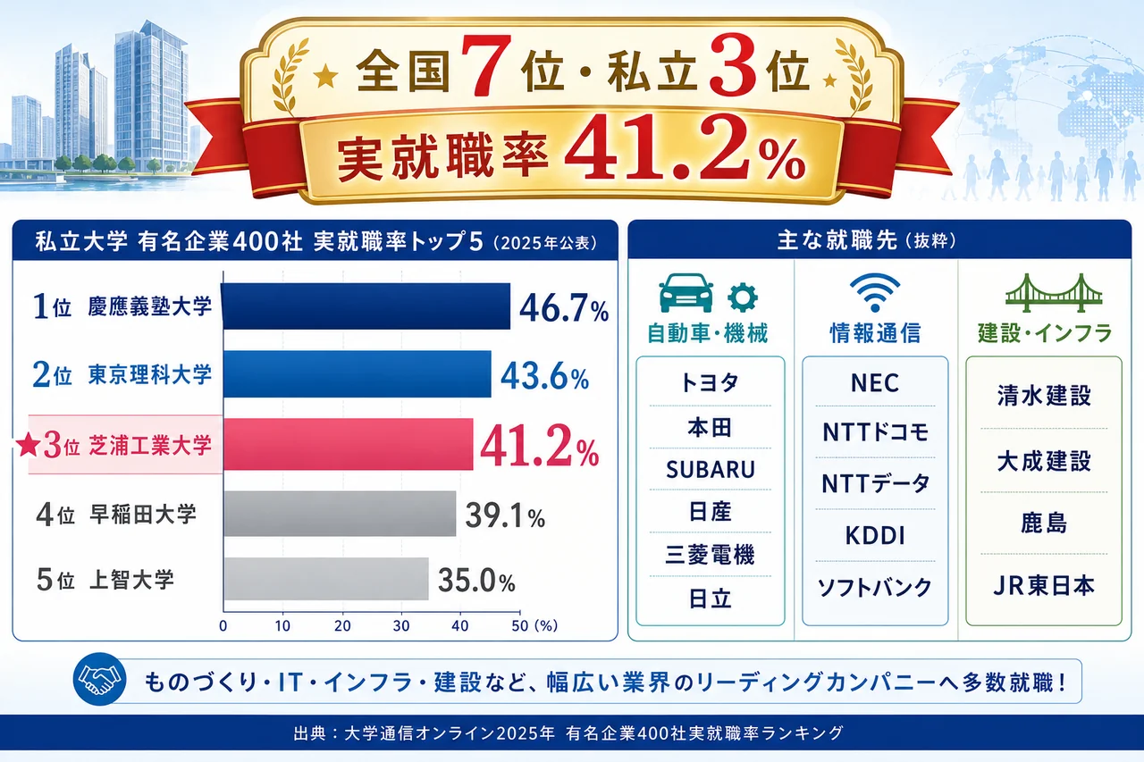 芝浦工業大学 有名企業400社実就職率 全国7位・私立3位(41.2%)