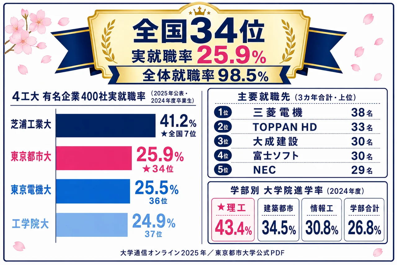 東京都市大学 有名400社実就職率 全国34位(25.9%)