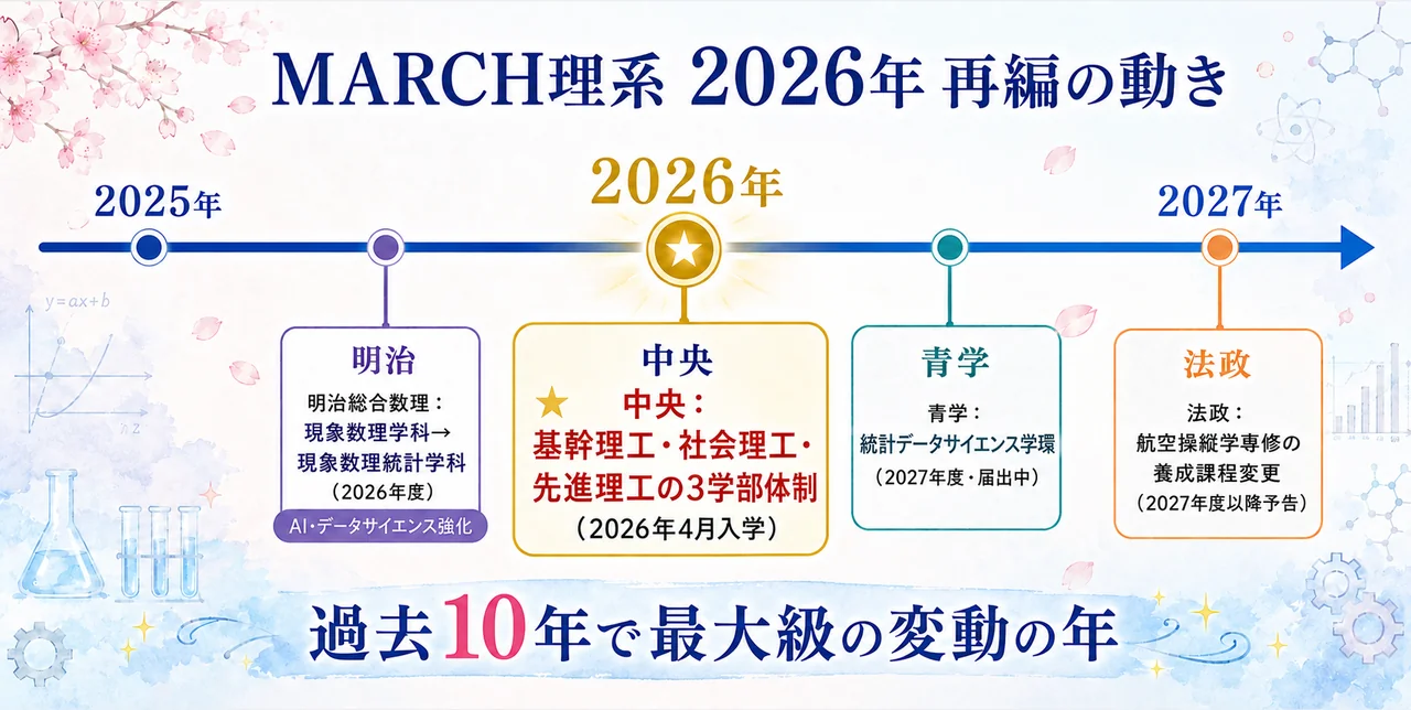 2026年MARCH理系再編タイムライン(中央3学部再編・明治総合数理学科改称)