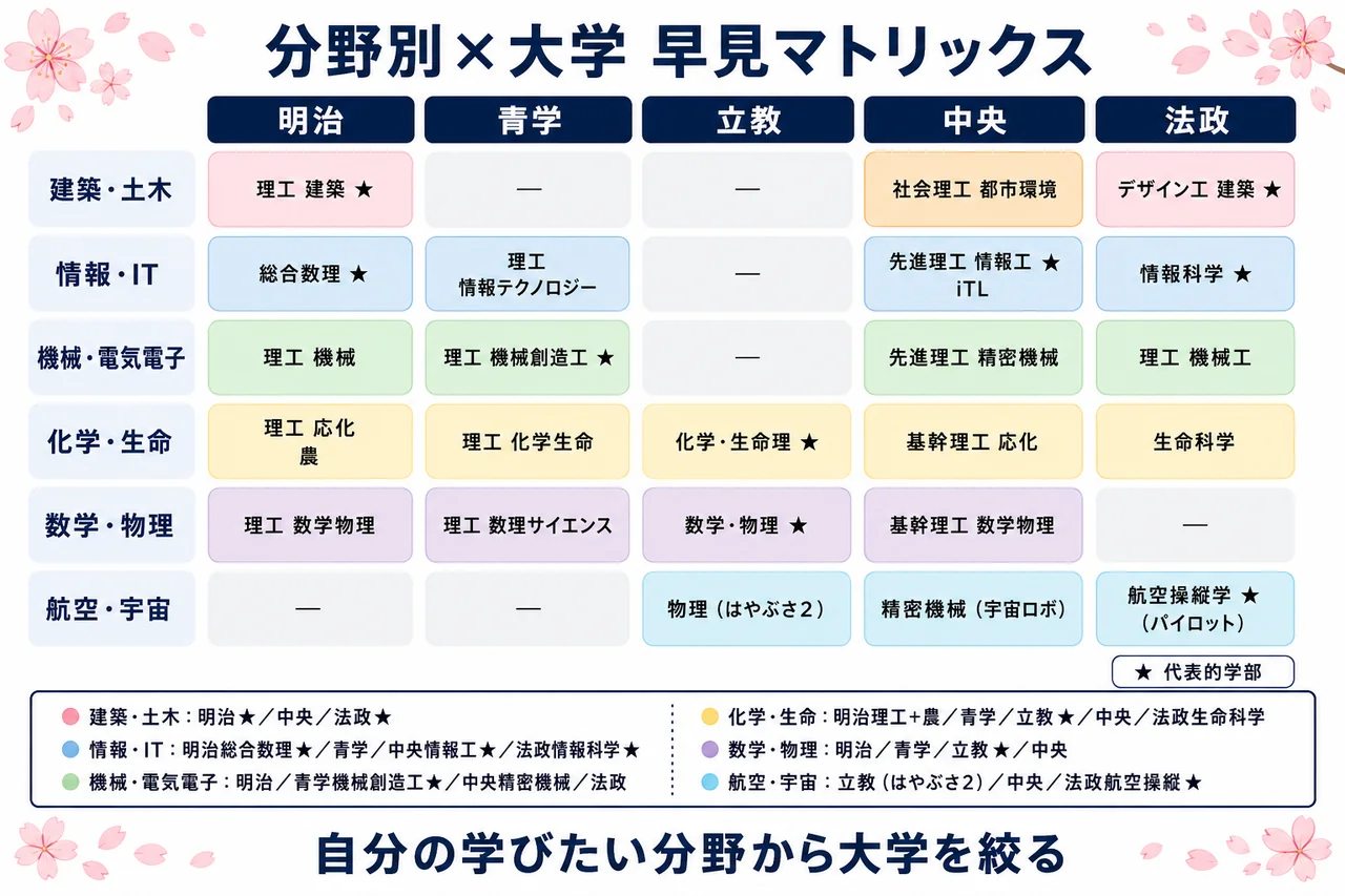 MARCH理系 分野別5校特色マトリックス(建築・情報・機械電気・化学生命・数物・航空)