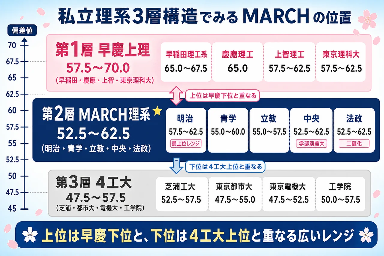 MARCH理系 偏差値3層構造マップ(早慶下位/MARCH/4工大上位)