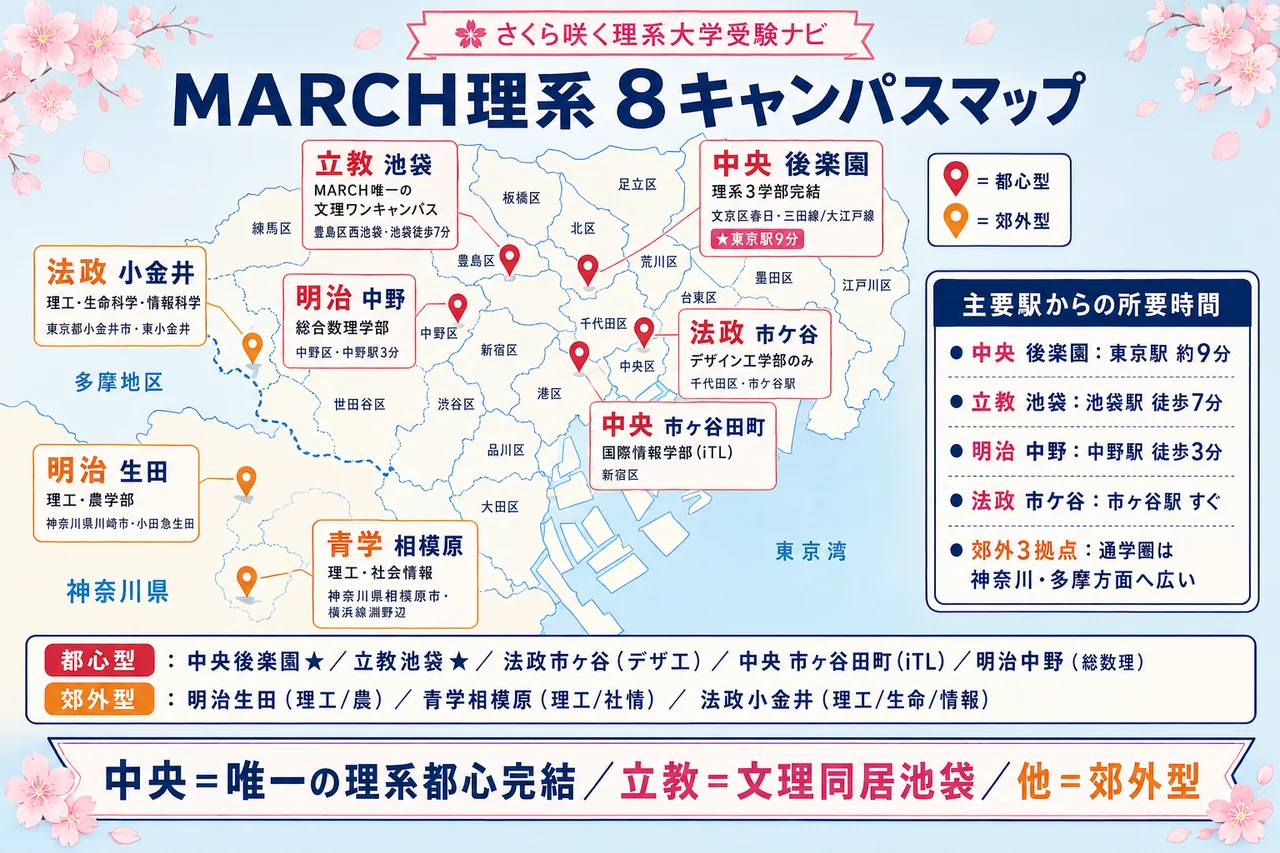 MARCH理系 キャンパス立地マップ(5校の通学距離・所要時間)