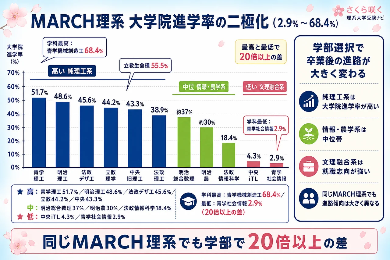 MARCH理系 大学院進学率の二極化(青学理工51.7%〜青学社会情報2.9%)