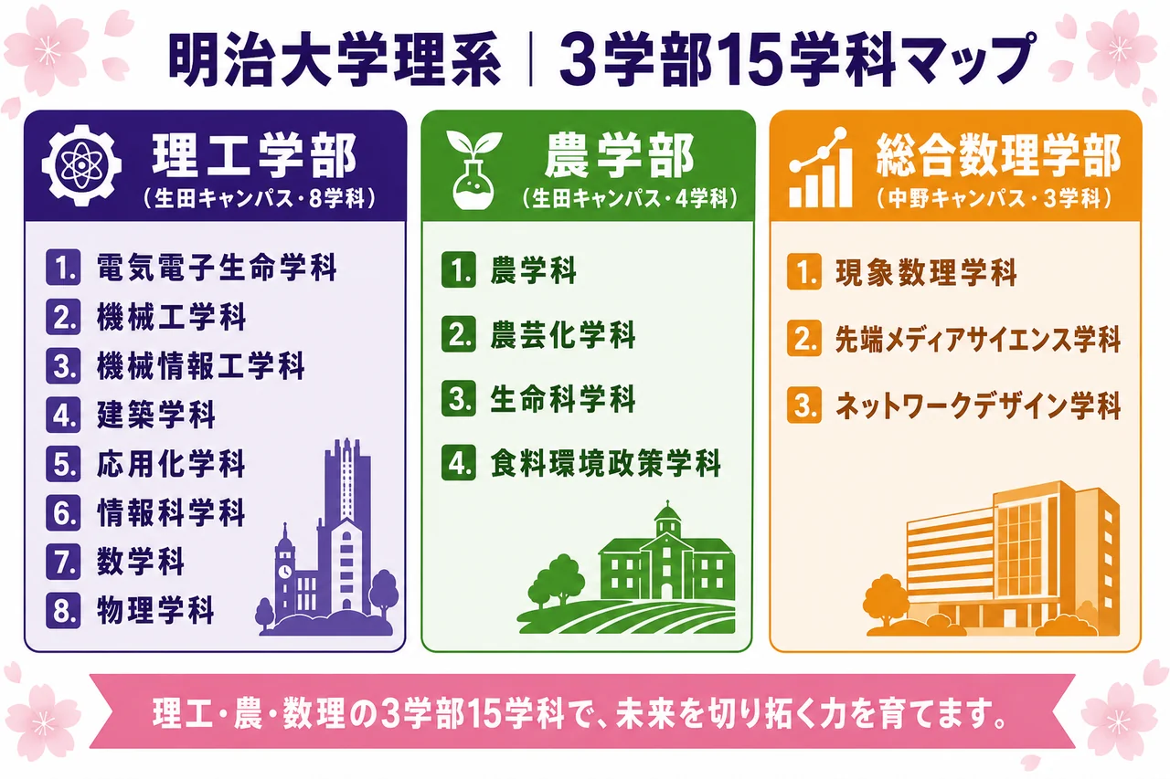 明治大学理系 3学部15学科マップ(理工8・農4・総合数理3)