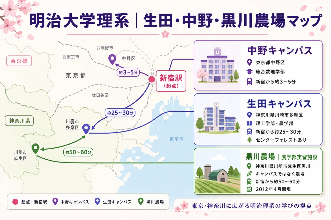 明治大学理系 生田・中野・黒川農場マップ(首都圏アクセス)