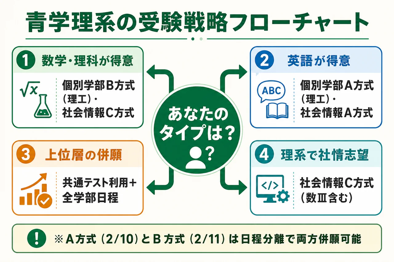 青学理系受験戦略フローチャート(受験生タイプ別の最適方式選択)