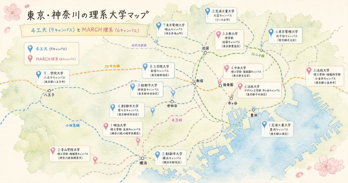 4工大とMARCH理系のキャンパス立地マップ