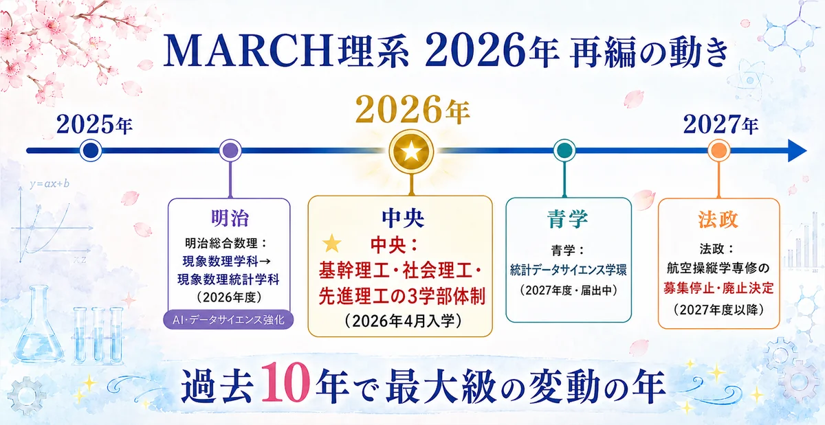 2026年MARCH理系再編タイムライン(中央3学部再編・明治総合数理学科改称)