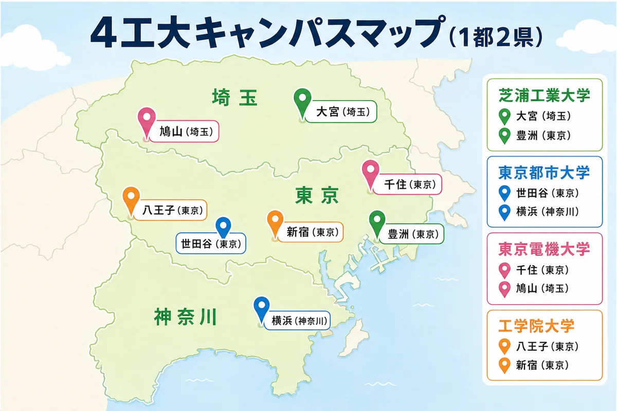 4工大 1都2県キャンパスマップ(東京・埼玉・神奈川)