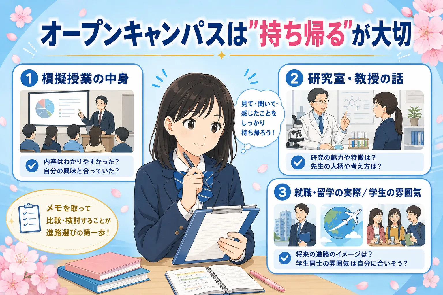 オープンキャンパスで「持ち帰る」情報のイメージ（模擬授業・研究室・在学生の声）
