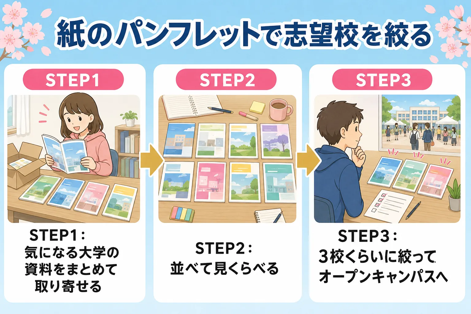 紙のパンフレットを並べて志望校を比較するイメージ