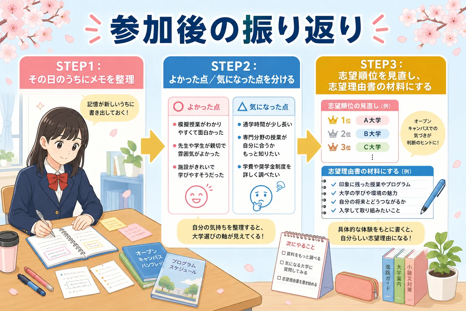 参加後の振り返り（メモ整理→志望理由書・志望順位の更新）