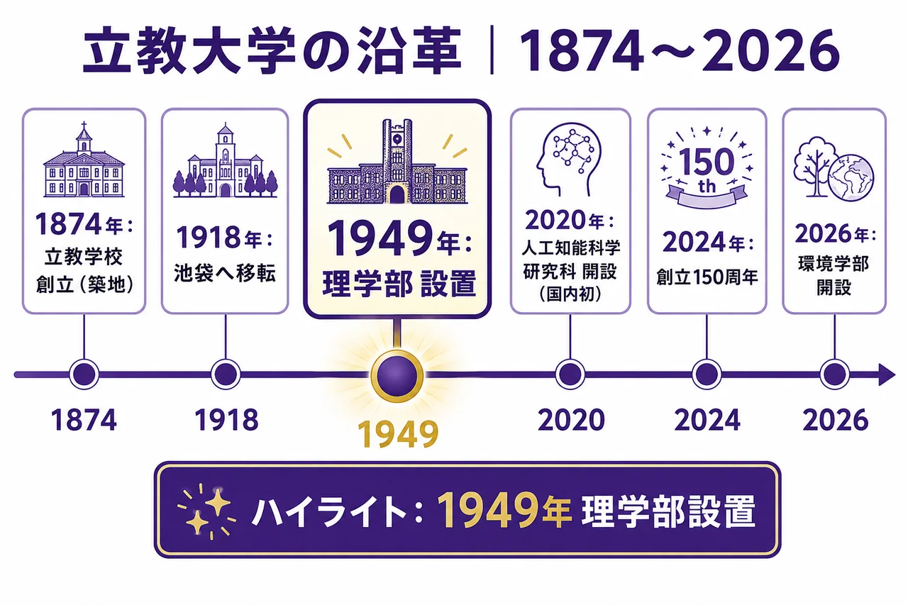 立教大学 沿革タイムライン(1874創立→1918池袋移転→1949理学部設置→2024創立150周年→2026環境学部)