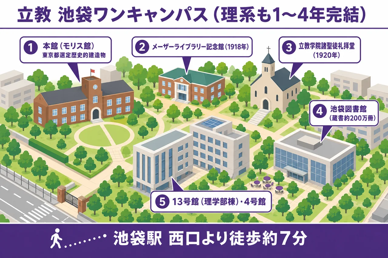 立教大学 池袋キャンパス施設マップ(本館モリス館・諸聖徒礼拝堂・池袋図書館・13号館理学部棟)