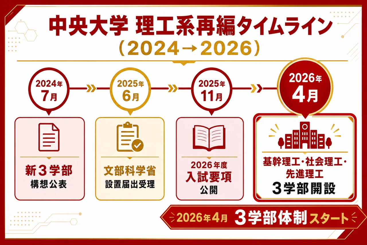 中央大学 理系再編タイムライン図（2024.7構想公表→2025.6設置届出受理→2026.4 3学部開設）