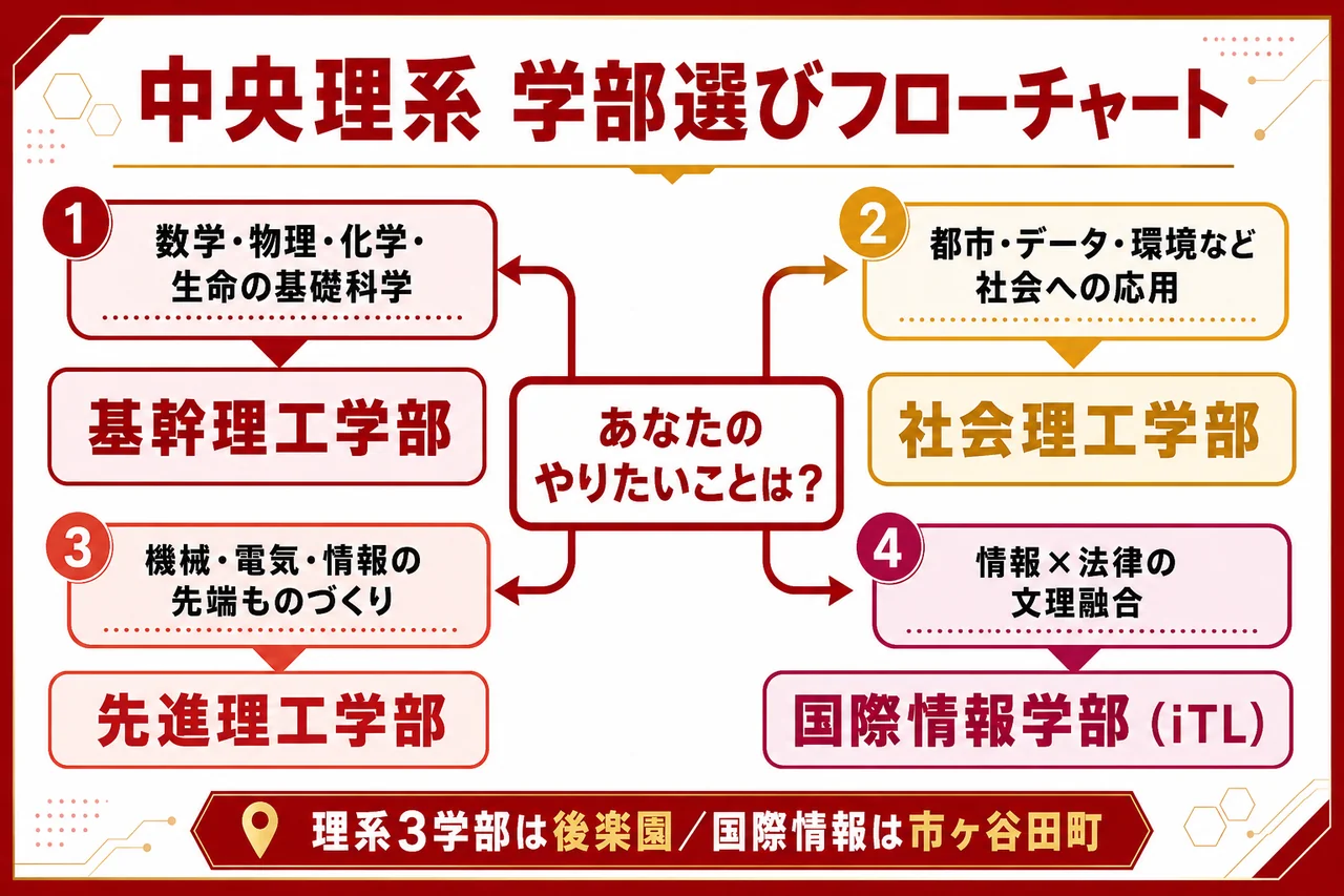 中央理系 学部選びフローチャート（基幹＝基礎科学／社会＝社会応用＋BDS／先進＝先端工学／国際情報＝情報×法律）