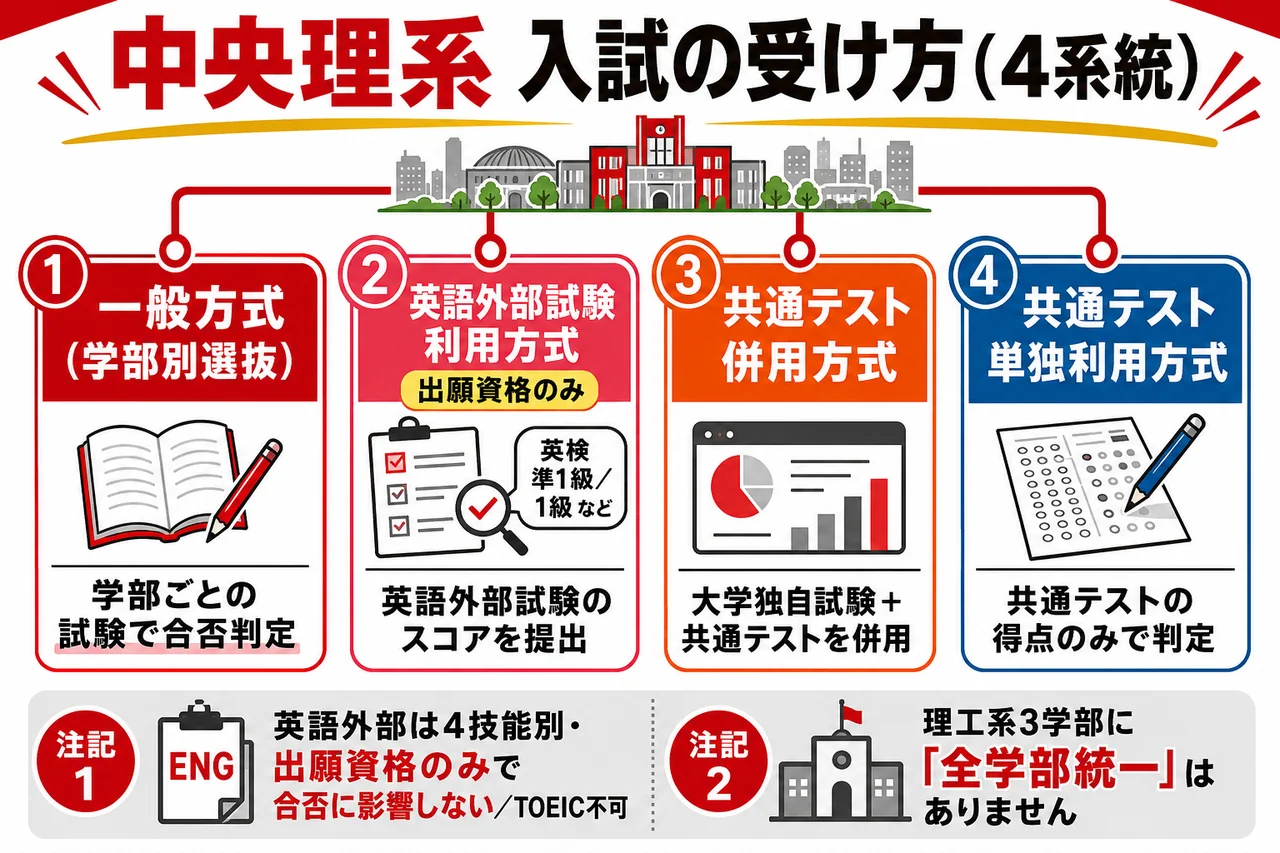 中央理系 入試の受け方フローチャート（一般／英語外部利用／共テ併用／共テ単独の4系統と英語外部の分岐）