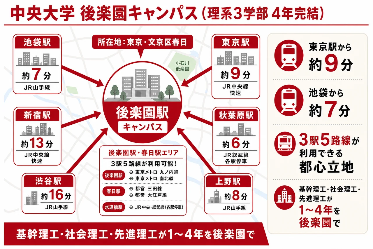中央大学 後楽園キャンパス アクセスマップ（東京駅9分・池袋7分・3駅5路線／理系3学部4年完結）