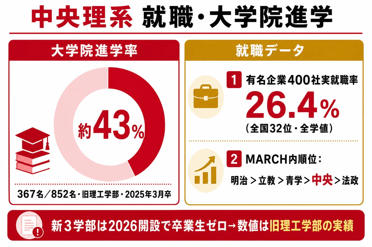 中央理系 就職・大学院進学（400社実就職率26.4%＝全学値／旧理工学部 大学院進学率 約43%・2025年3月卒）