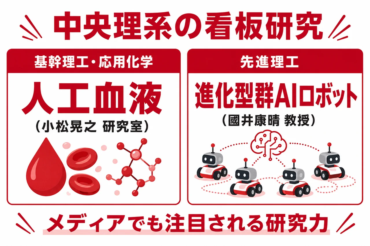 中央理系 看板研究マップ（応用化学＝小松晃之研究室「人工血液」／先進理工＝國井康晴教授「進化型群AIロボット」）