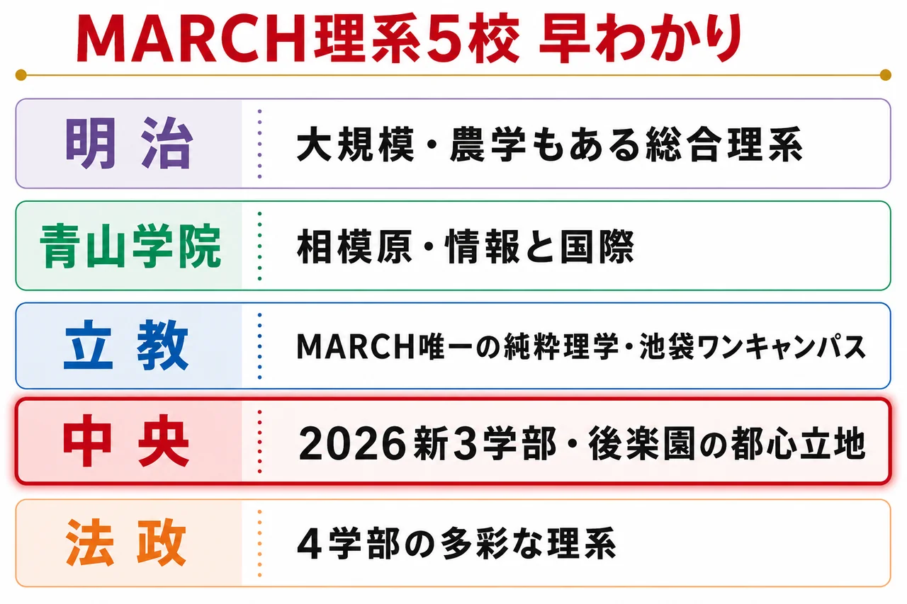 MARCH理系5校 キャラクター一覧（明治・青学・立教・中央・法政の強みを1行で）