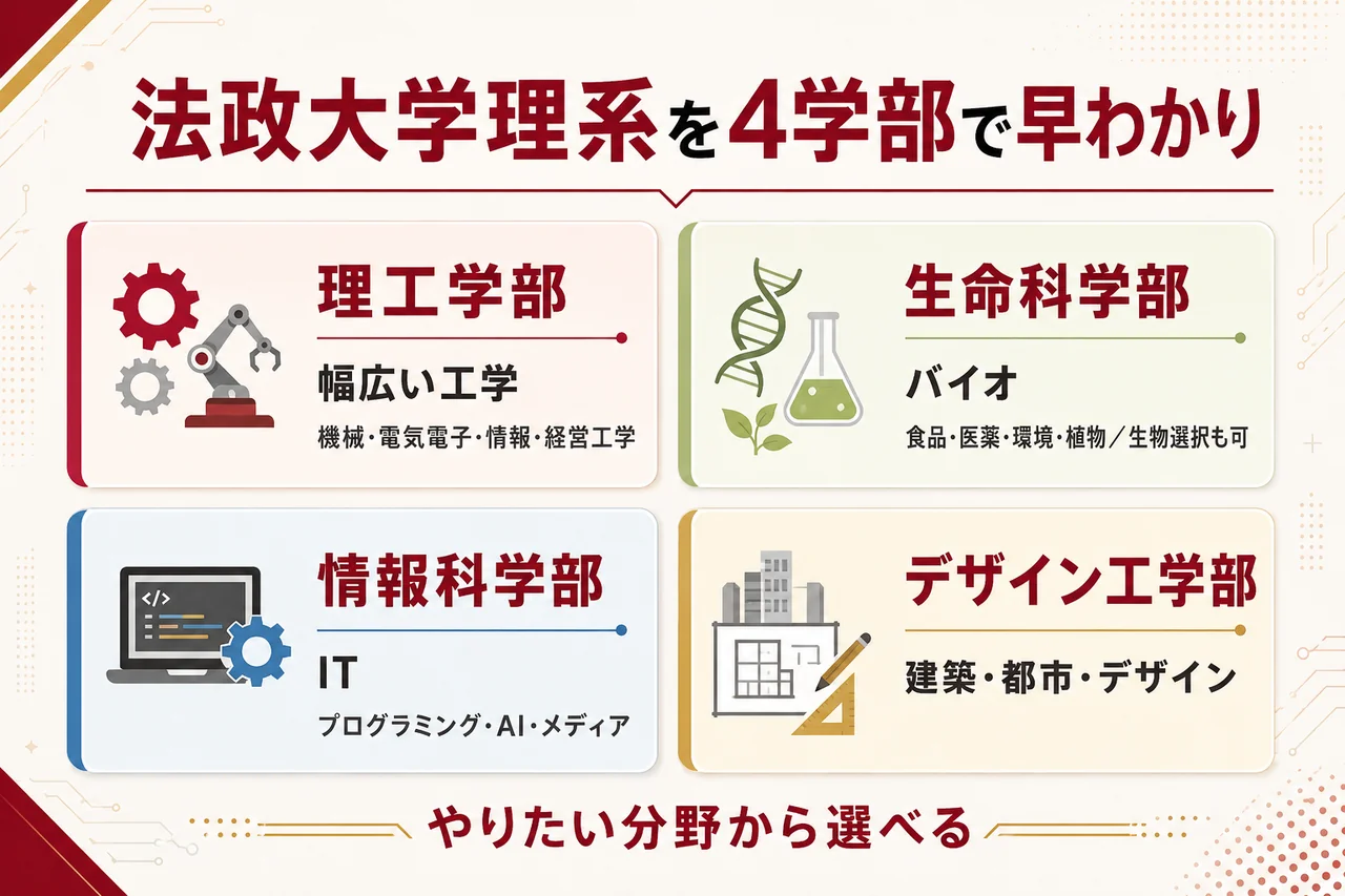 法政大学理系 4タイプ早見チャート（理工＝幅広い工学／生命科学＝バイオ・生物選択可／情報科学＝IT／デザイン工＝建築・都市デザイン）