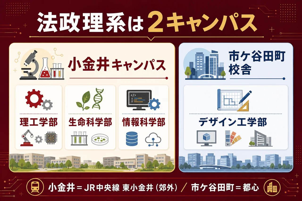 法政理系 4学部・2キャンパスマップ（小金井＝理工・生命科学・情報科学／市ケ谷＝デザイン工）