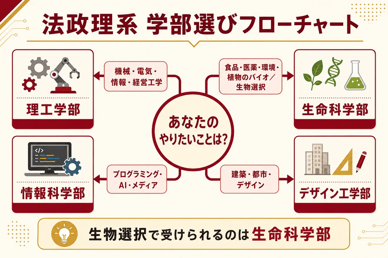 法政理系 学部選びフローチャート（やりたいこと→4学部への分岐・情報/機械電気/バイオ/建築デザイン）