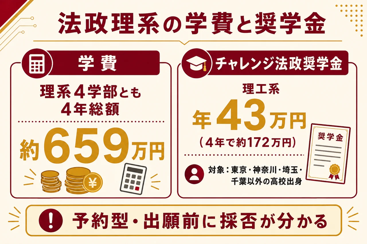 法政 学費＋チャレンジ法政奨学金フロー図（理系4年 約659万円／理工系 年43万円・1都3県外）