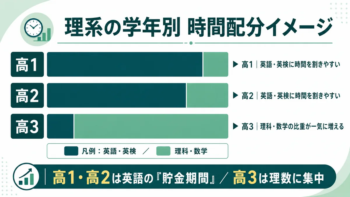 理系の学年別 時間配分イメージ（高1・高2は英語に時間を割きやすい／高3は理数の比重が増える）