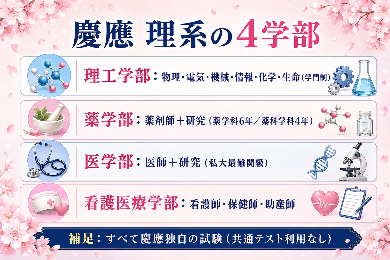 慶應の理系4学部(理工・薬・医・看護医療)の全体像を1枚でまとめたインフォグラフィック