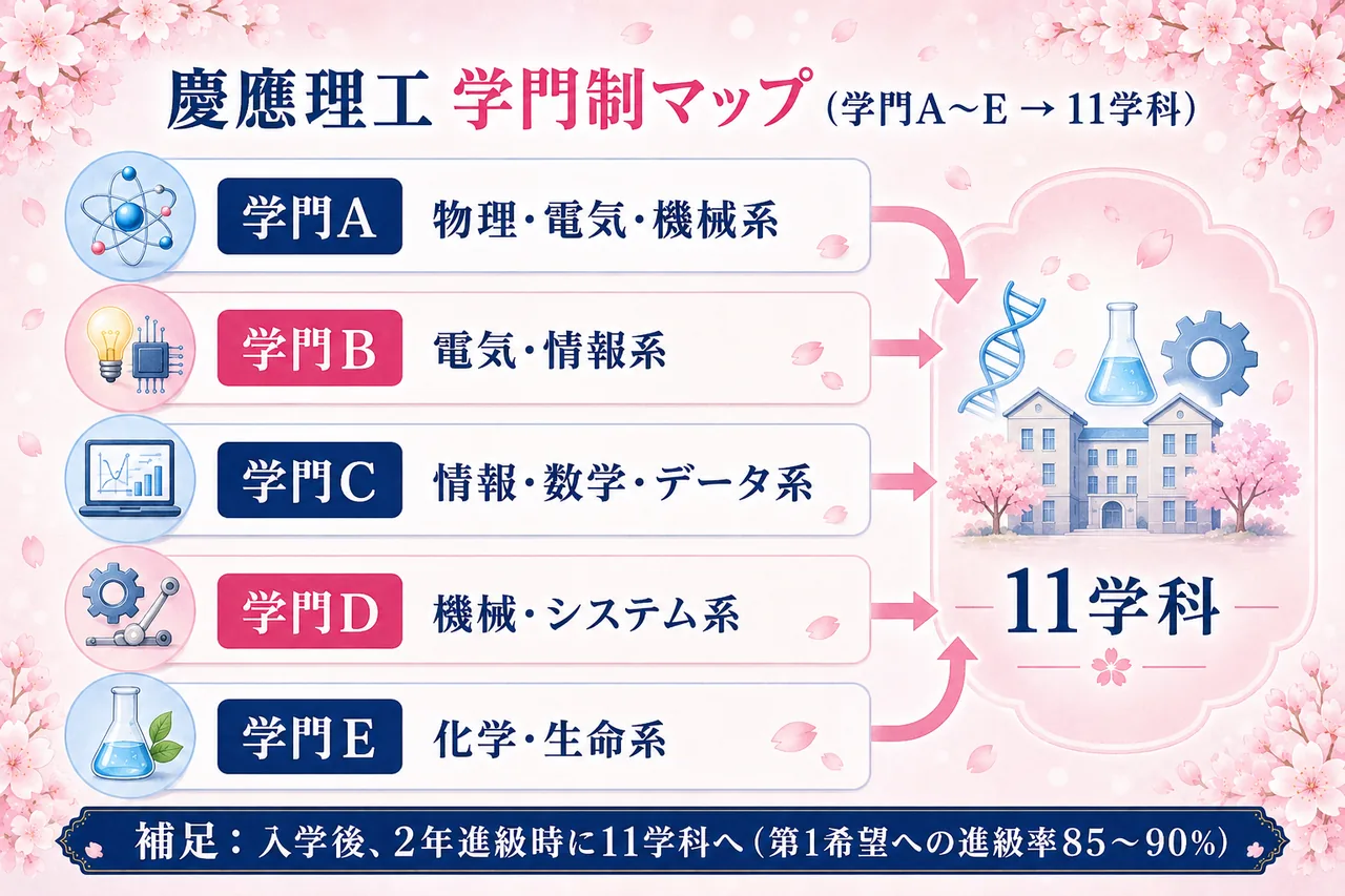 慶應理工の学門A〜Eから進める11学科を示した「学門制マップ」