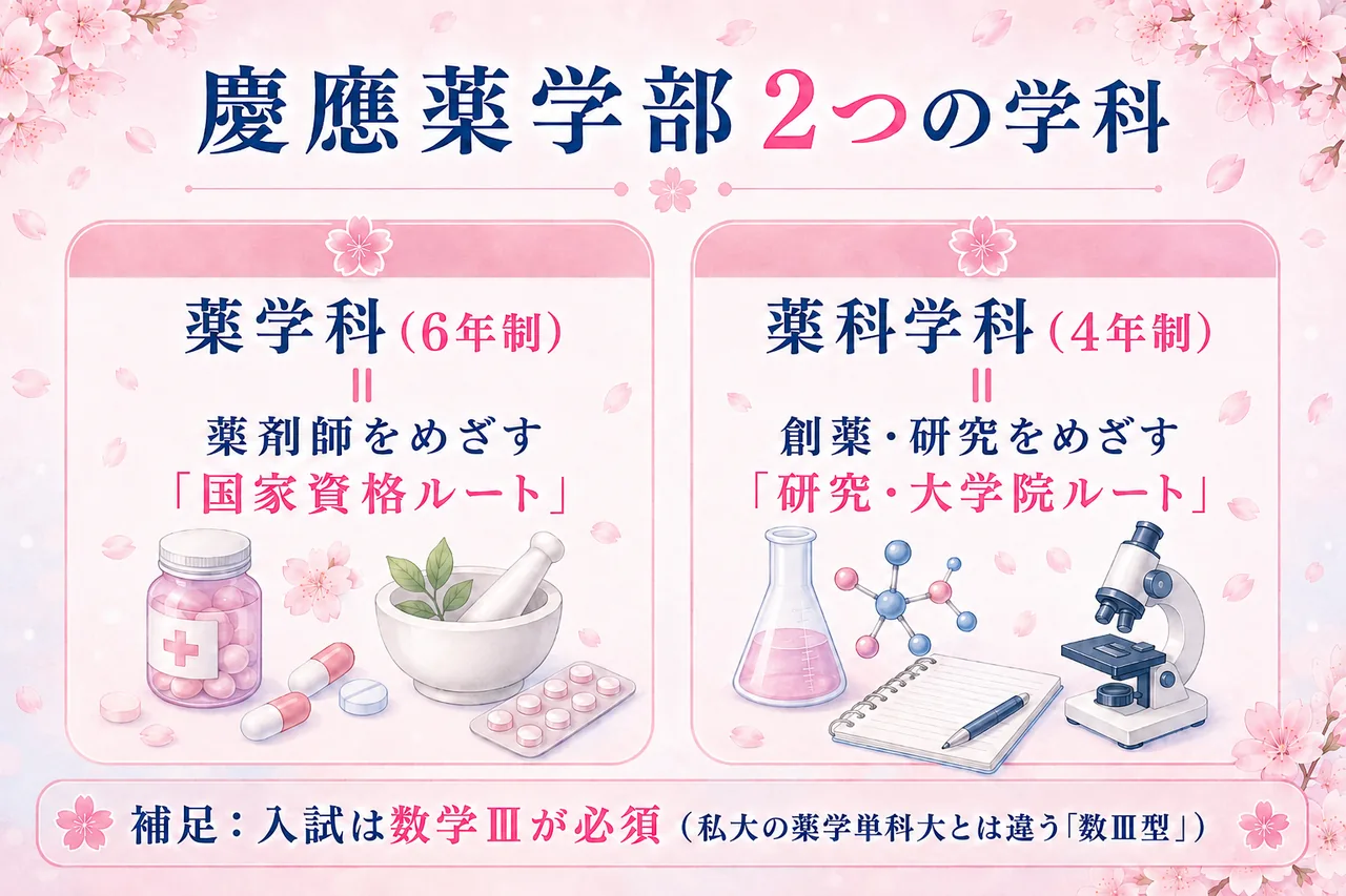 慶應薬学部の2学科(薬学科6年=資格ルート/薬科学科4年=研究ルート)と進路を示した図