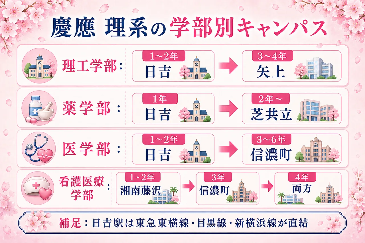 慶應4学部の学部別キャンパス(理工=日吉→矢上/薬=日吉→芝共立/医=日吉→信濃町/看護=湘南藤沢→信濃町)を示した図