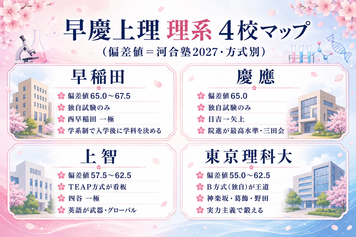 早慶上理 理系 完全比較｜偏差値・入試・院進・就職を現役教員が解説