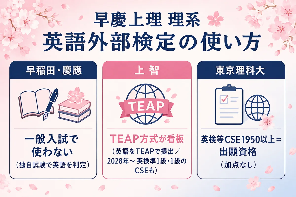 4校の英語外部検定マップ。「早慶=使わない(独自試験)」「上智=TEAP方式が看板・2028〜英検も」「東京理科大=CSE1950以上は出願資格・加点なし」を1枚に整理した図