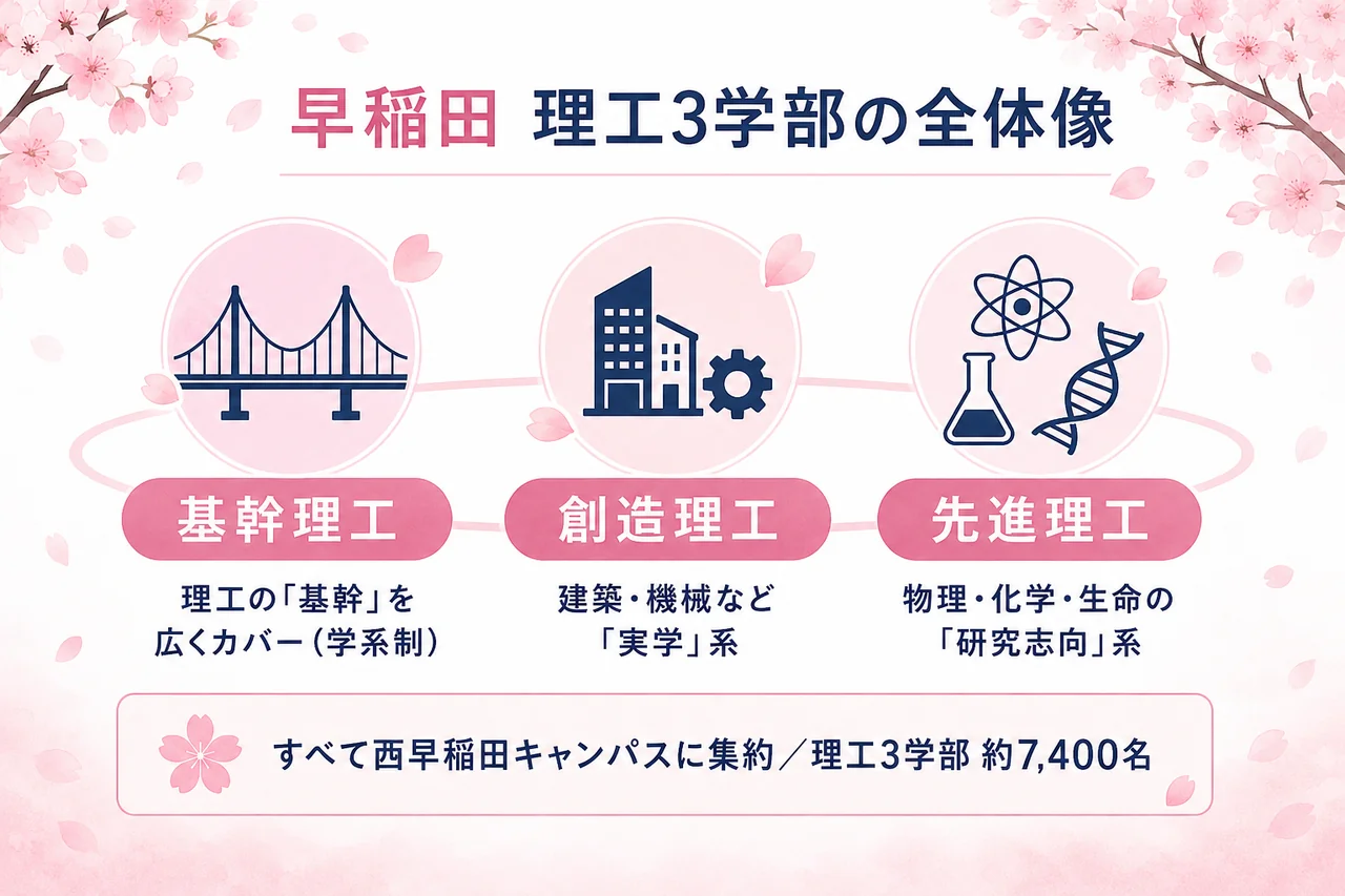 早稲田理系3学部の全体像（基幹・創造・先進）を1枚でまとめたインフォグラフィック