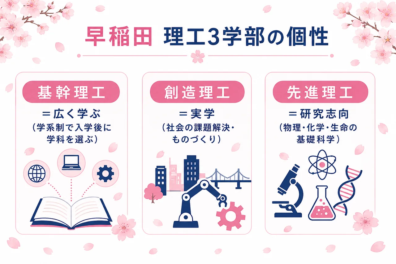3学部の違いを「広く学ぶ／実学／研究志向」の軸で示した比較図