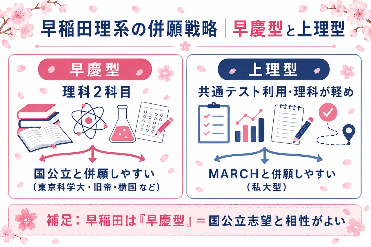 「早慶型（国公立併願）」と「上理型（MARCH併願）」の2つの併願ルートを示した図