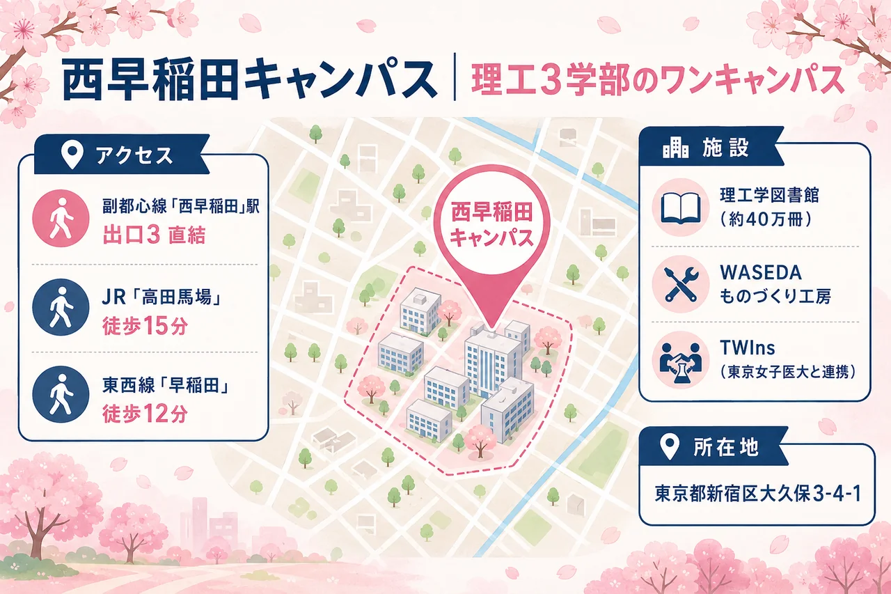 西早稲田キャンパスの位置とアクセス（副都心線西早稲田駅直結）を示した地図