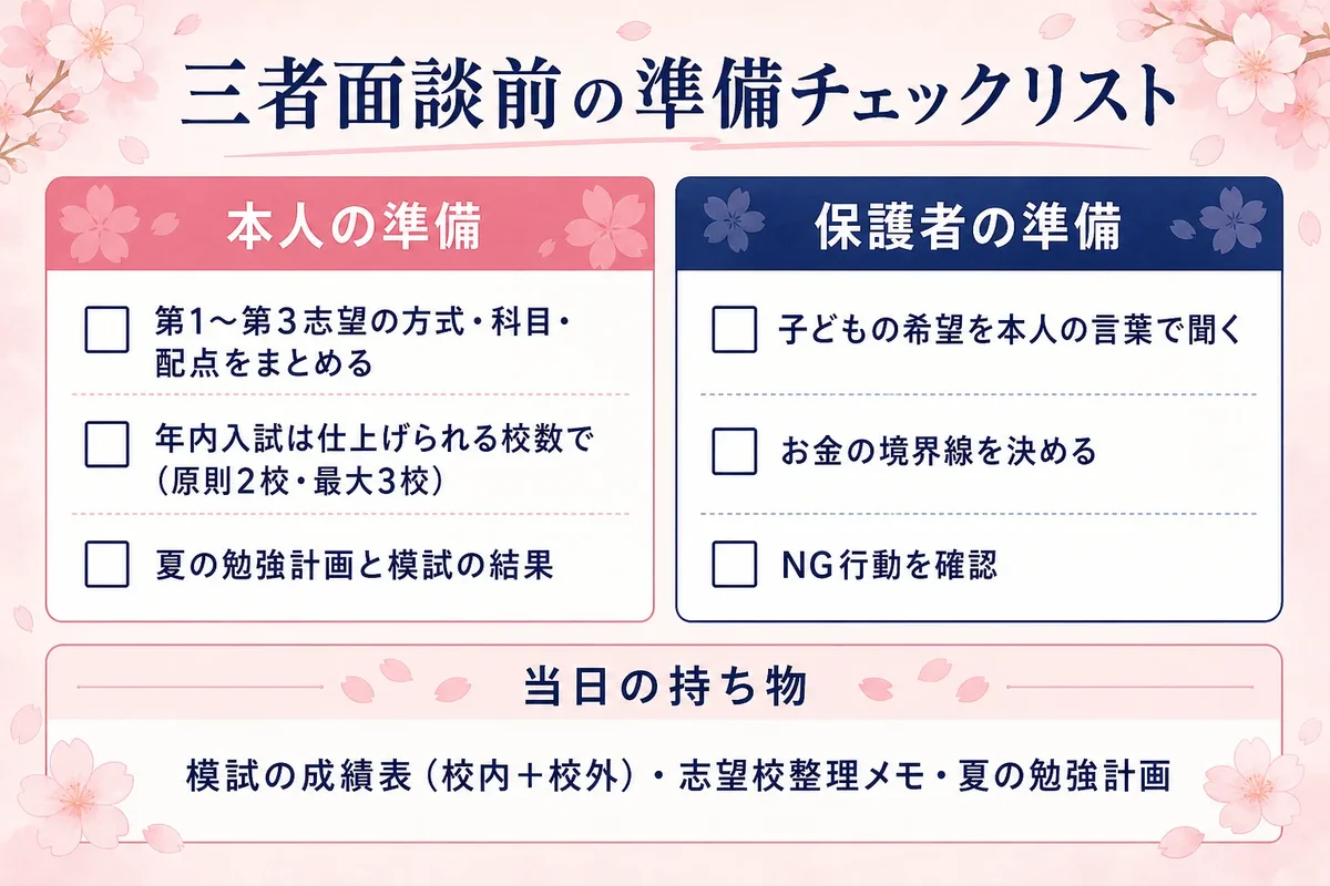 面談前の準備チェックリスト早見表。サクラピンク+紺の桜デザイン。左列「本人の準備」=①第1〜第3志望の方式・科目・配点をまとめる ②年内入試は仕上げられる校数で(原則2校・最大3校)③夏の勉強計画+模試の結果。右列「保護者の準備」=①子どもの希望を本人の言葉で聞く ②お金の境界線を決める ③NG行動を確認。下段「当日の持ち物」=模試の成績表(校内+校外)・志望校整理メモ・夏の勉強計画
