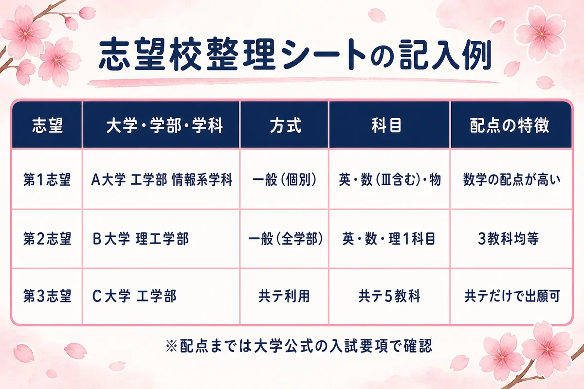 志望校整理シートの記入例。サクラピンク+紺の桜デザイン。表形式で「志望順位/大学・学部・学科/方式/科目/配点の特徴」の5列×3行(記入例入り)。下に「※配点までは大学公式の入試要項で確認」の注記
