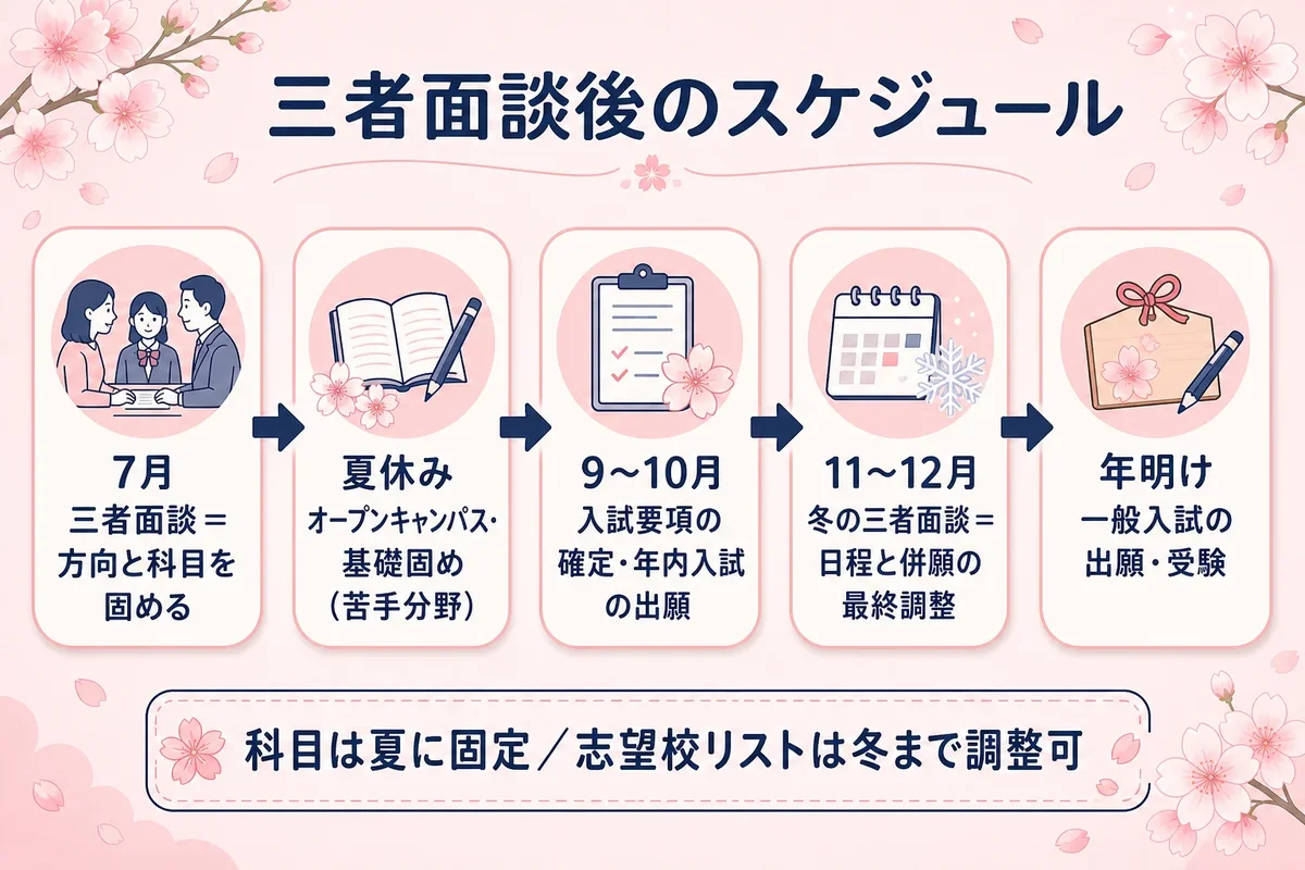 面談後のスケジュールタイムライン。サクラピンク+紺の桜デザイン。7月「三者面談=方向と科目を固める」→夏休み「オープンキャンパス・基礎固め(苦手分野)」→9〜10月「入試要項確定・年内入試の出願」→11〜12月「冬の三者面談=日程と併願の最終調整」→年明け「一般入試の出願・受験」の5ステップ横流れ図。「科目は夏に固定/校リストは冬まで調整可」の注記を焼き込み