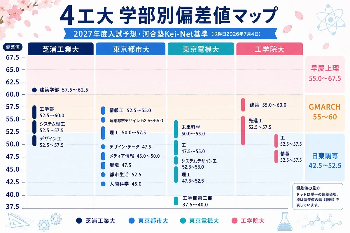4工大 学部別偏差値マップ(2027年度・河合塾)