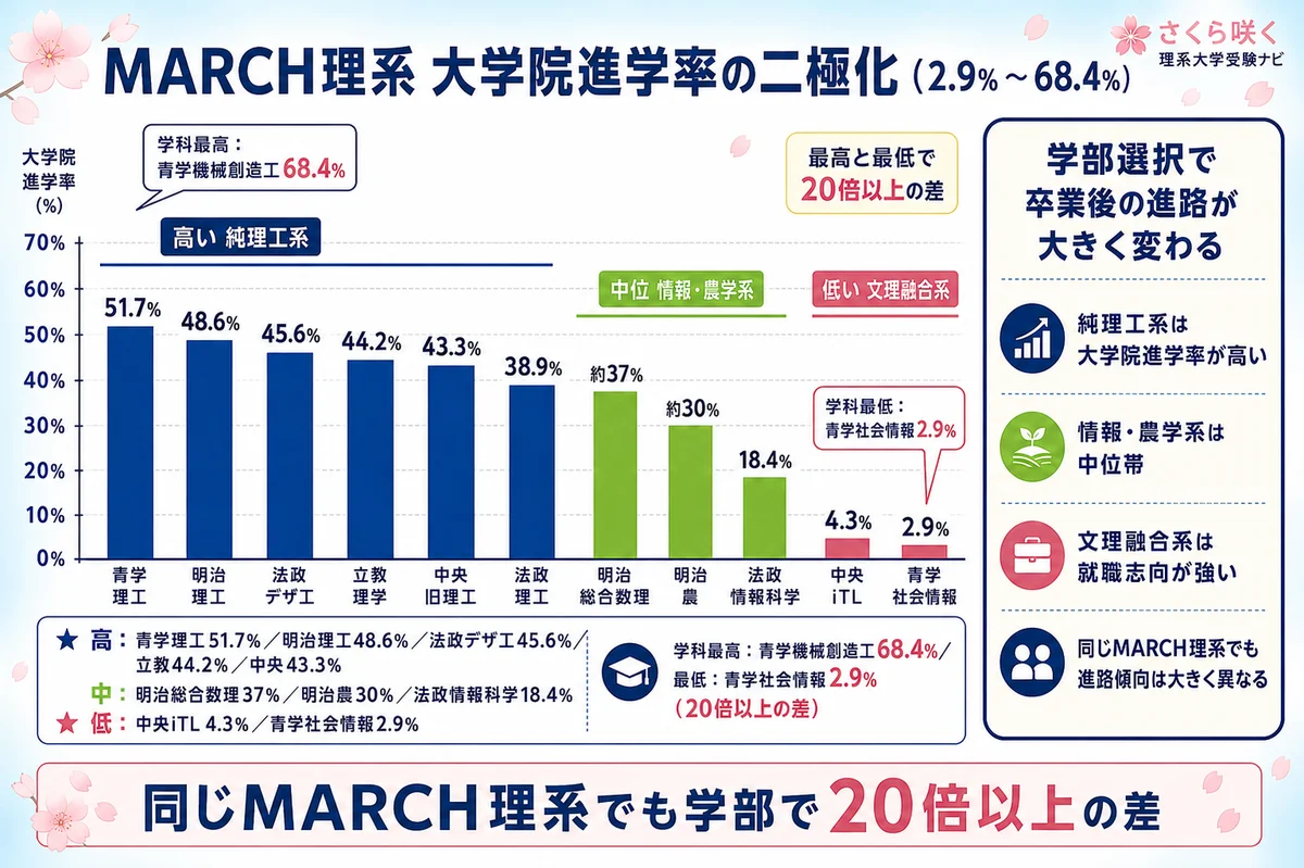 MARCH理系 大学院進学率の二極化(青学理工51.7%〜青学社会情報2.9%)