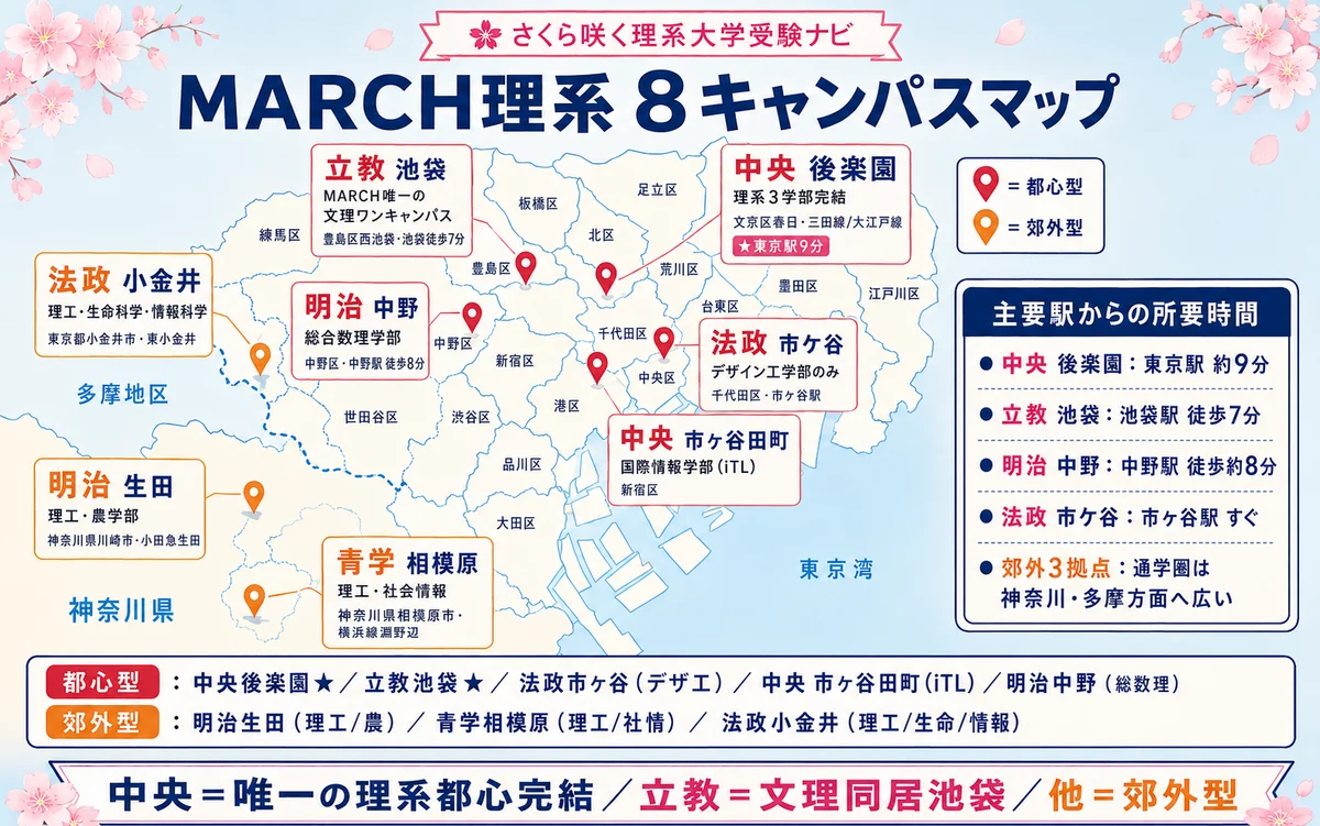 MARCH 5校 理系キャンパスマップ(東京・神奈川・埼玉)