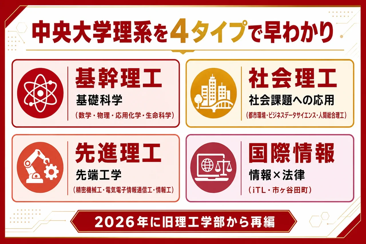 中央大学理系 4タイプ早見チャート(基幹=基礎科学/社会=社会課題/先進=先端工学/国際情報=情報×法律)
