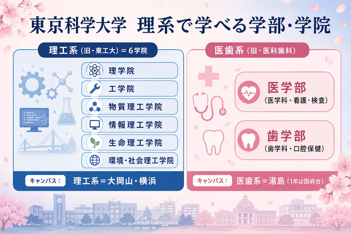 東京科学大学の理系で学べる学部・学院の全体像。理工系6学院と医歯系(医学部・歯学部)を色分けで図解。