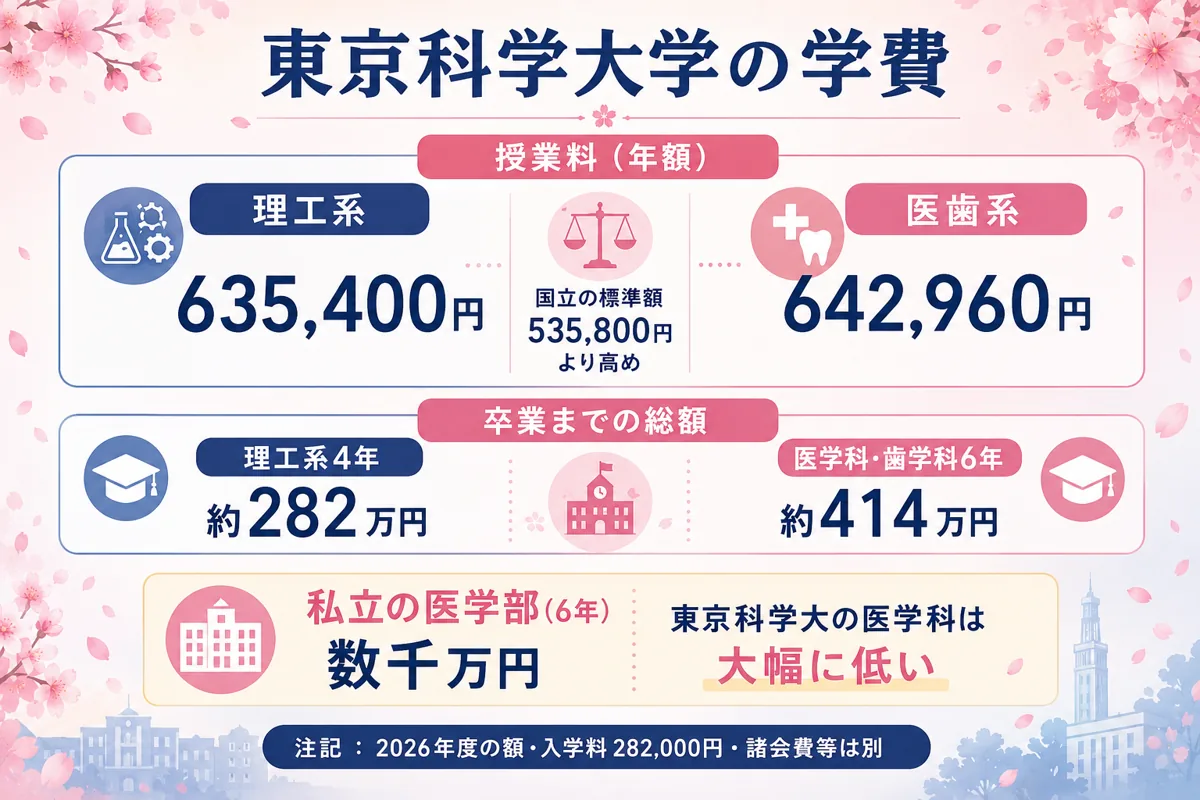 東京科学大学の学費の図。授業料は理工635,400円・医歯642,960円で国立標準より高め、卒業総額と私立医との比較も表示。
